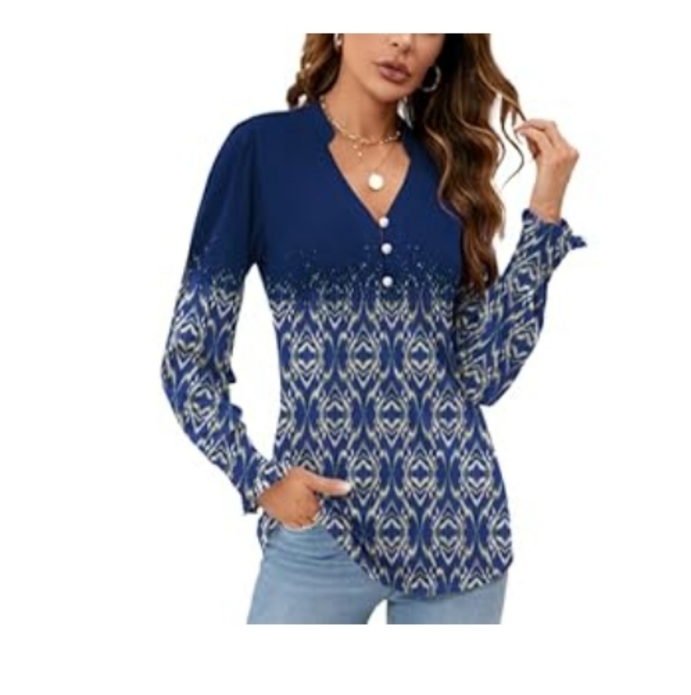 Blue Graphic Buttoned Blouse with Mandarin Collar